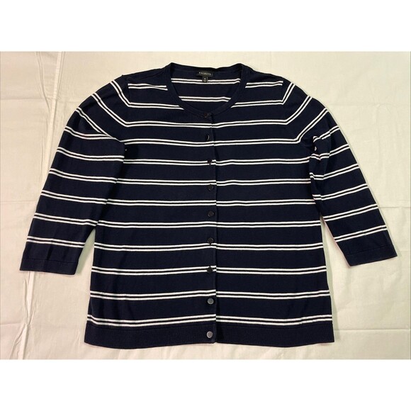 Talbots Navy Blue White Stripe Cotton Blend Cardigan Sweater Size M - Picture 1 of 7